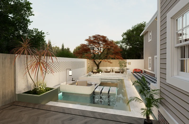 Water-Inspired Light Luxury & Modern Eclectic Resort Courtyard