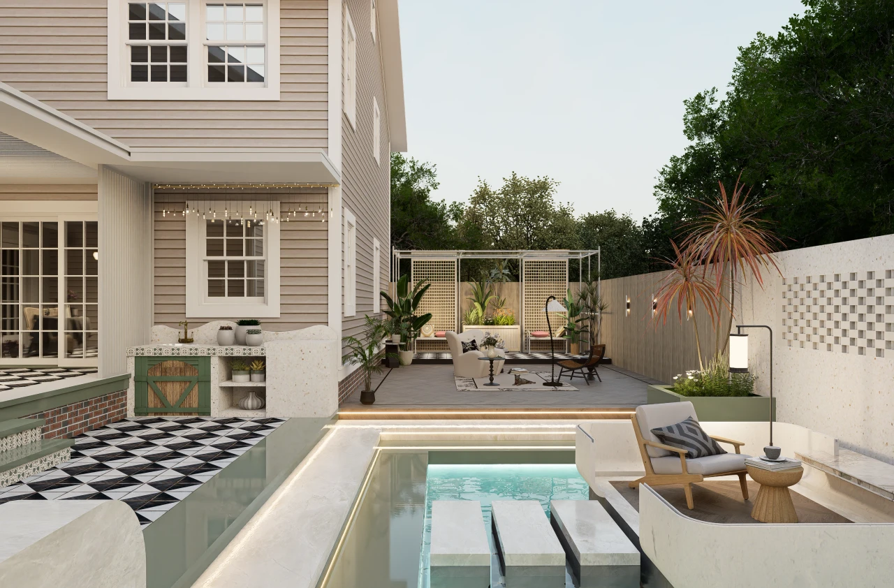 Water-Inspired Light Luxury & Modern Eclectic Resort Courtyard – Outdoor experience