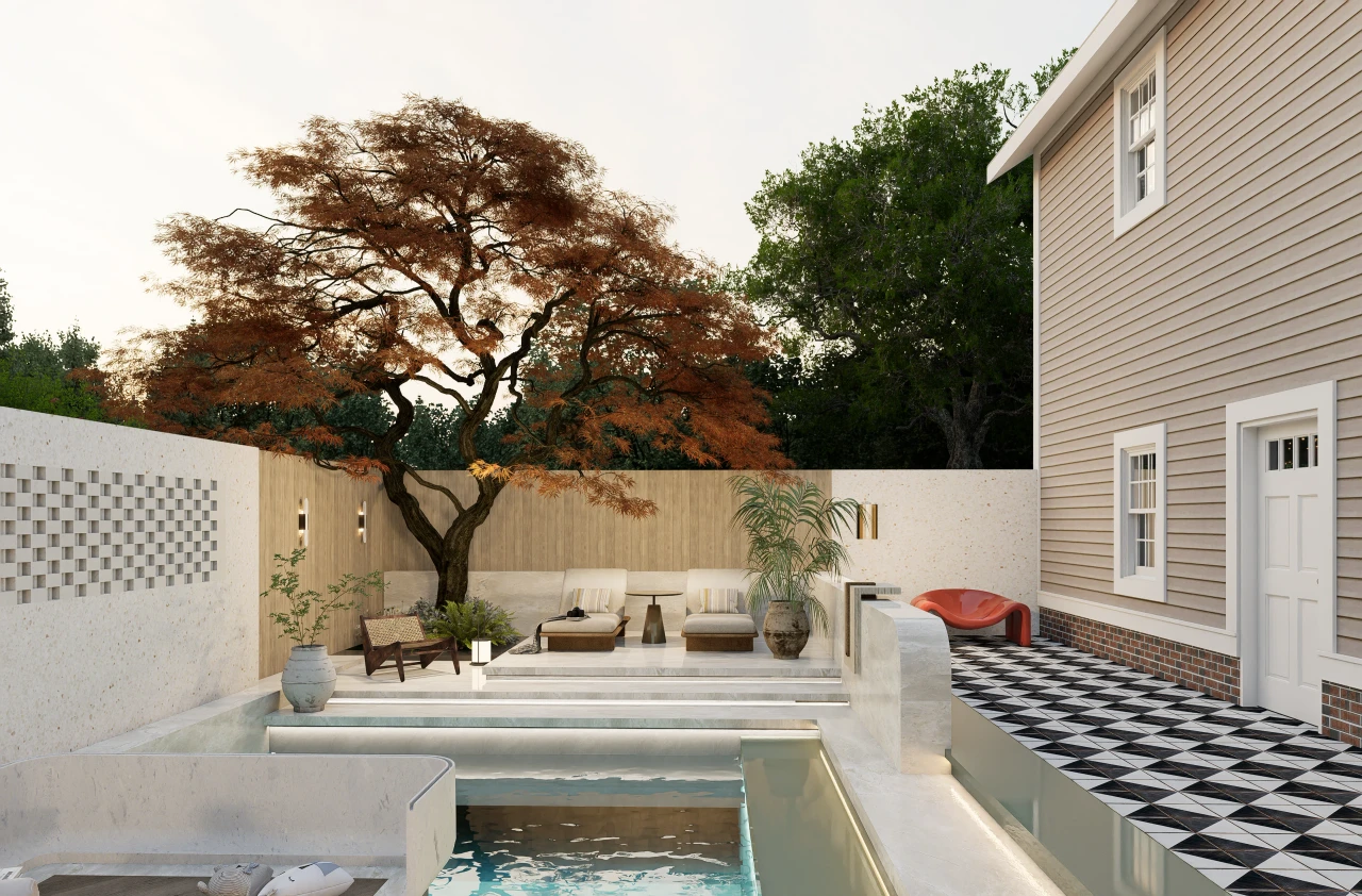Water-Inspired Light Luxury & Modern Eclectic Resort Courtyard – Materials & planting
