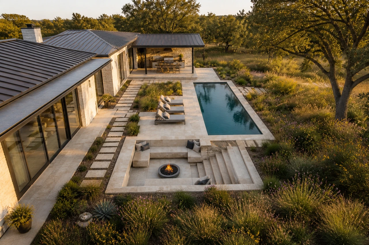 Une cour de piscine en calcaire pour une maison des collines d'Austin – Philosophie du design