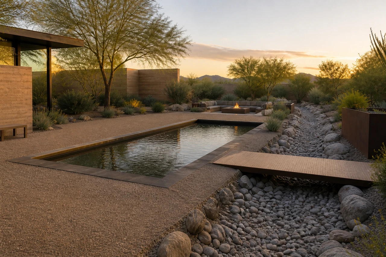 Un cortile lavato dal deserto per una residenza a Scottsdale – Materiali e piantumazione