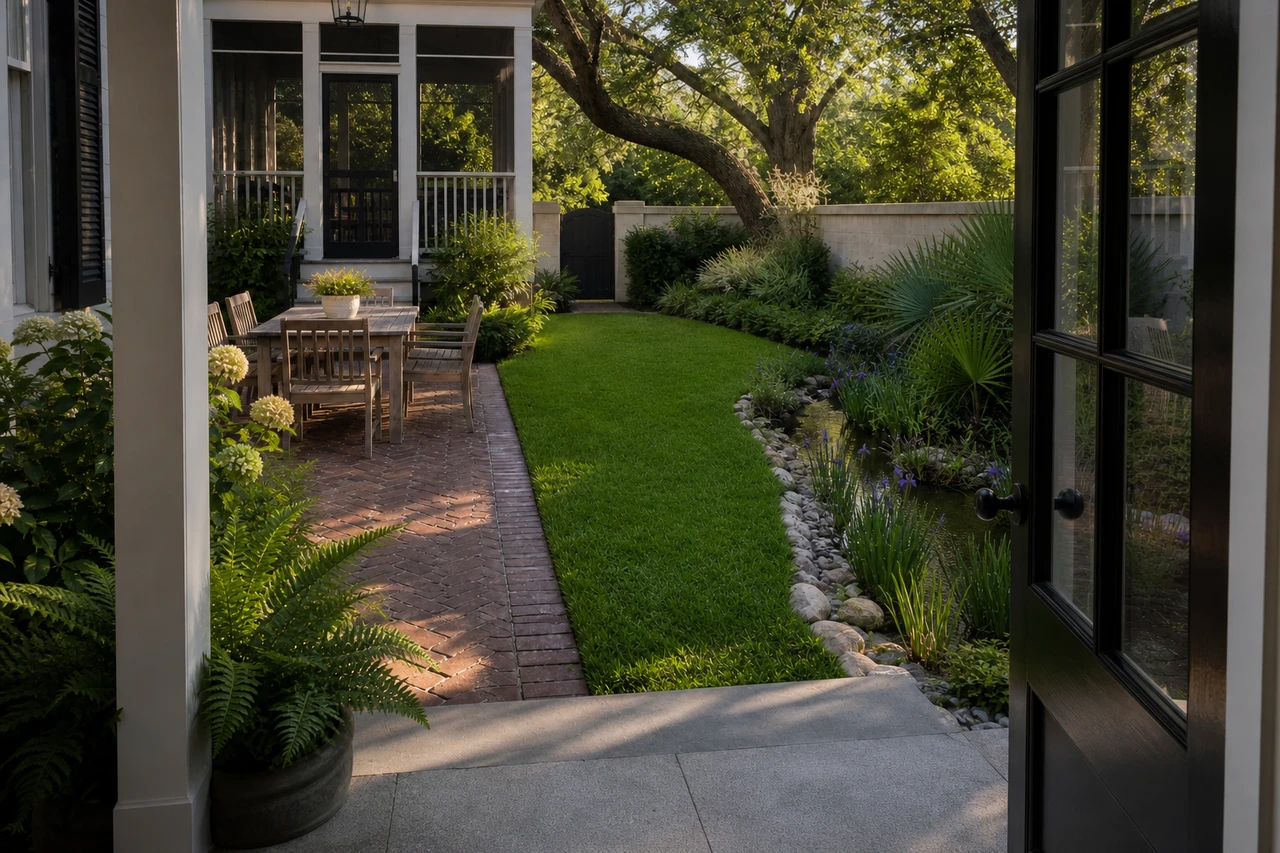 Ein Garten mit lebenden Eichen für ein Stadthaus in Charleston – Outdoor-Erlebnis
