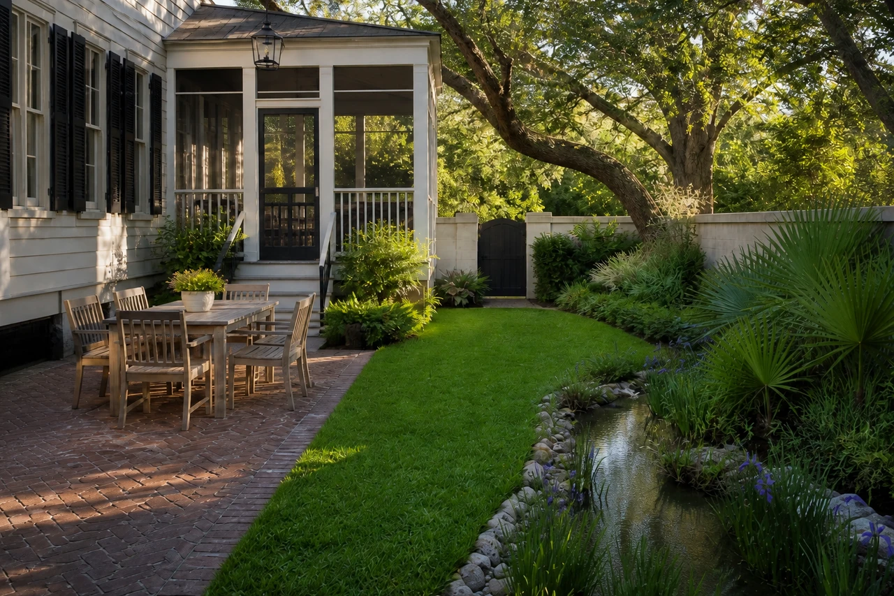Ein Garten mit lebenden Eichen für ein Stadthaus in Charleston – Materialien & Bepflanzung