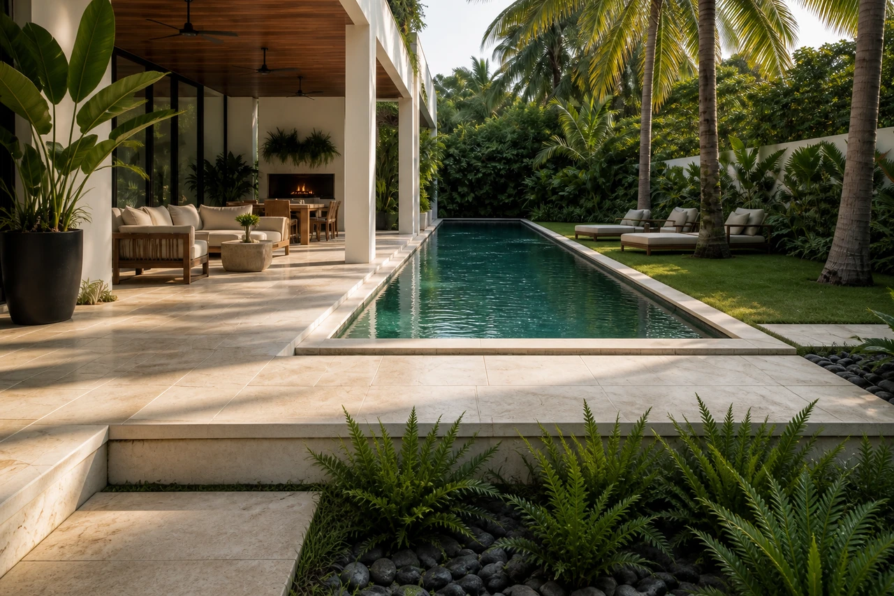 Un giardino patio tropicale per una villa moderna di Miami – Materiali e piantumazione