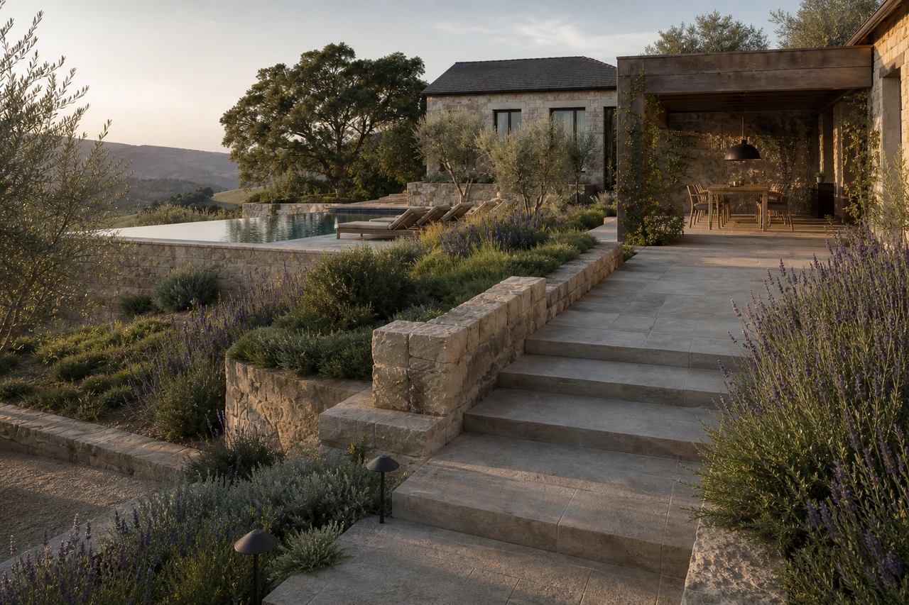 Una serie di terrazzamenti di ulivi per una casa sulle colline di Napa – Materiali e piantumazione