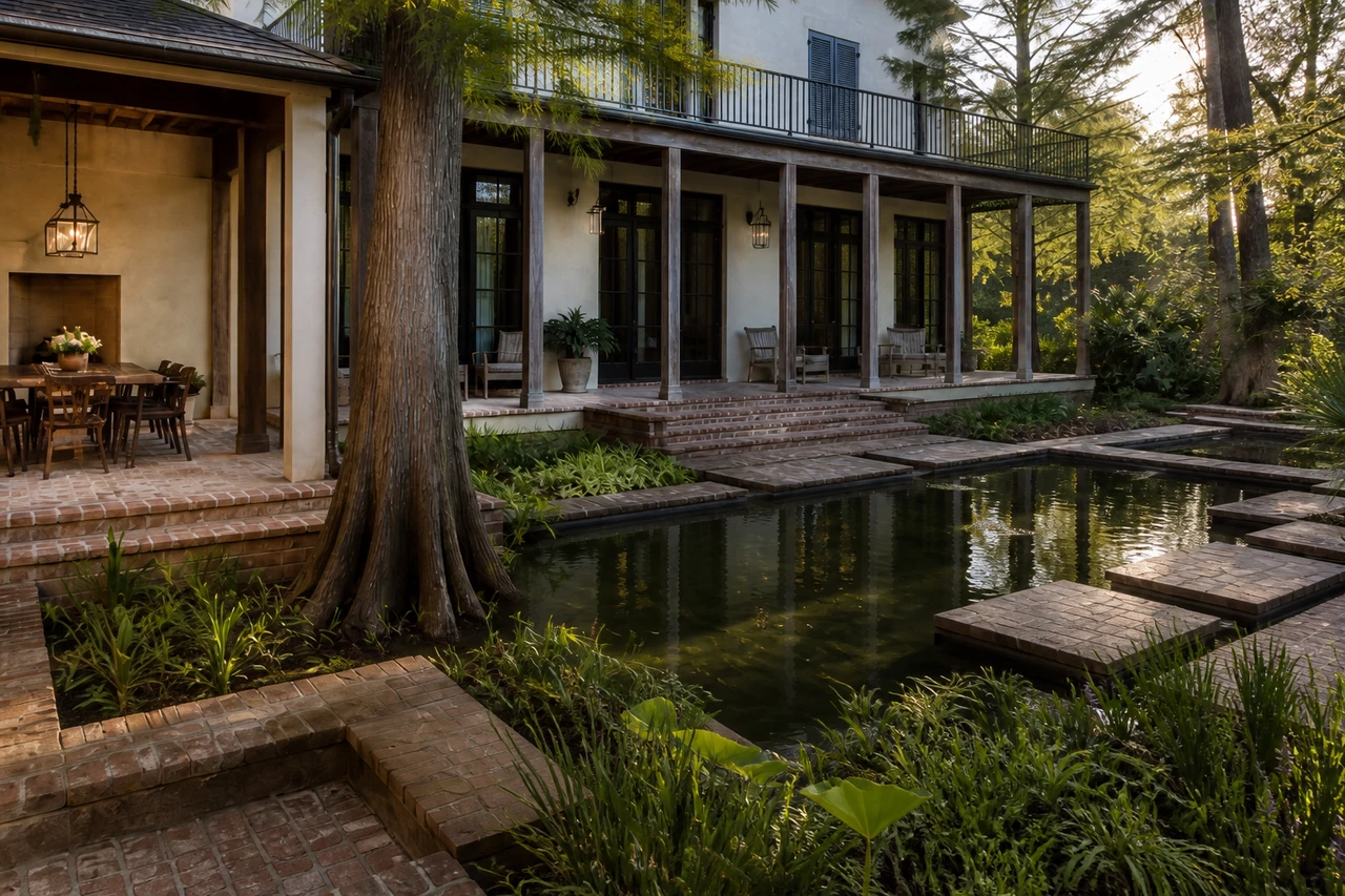 A Shaded Water Courtyard for a New Orleans Residence – Materials & planting