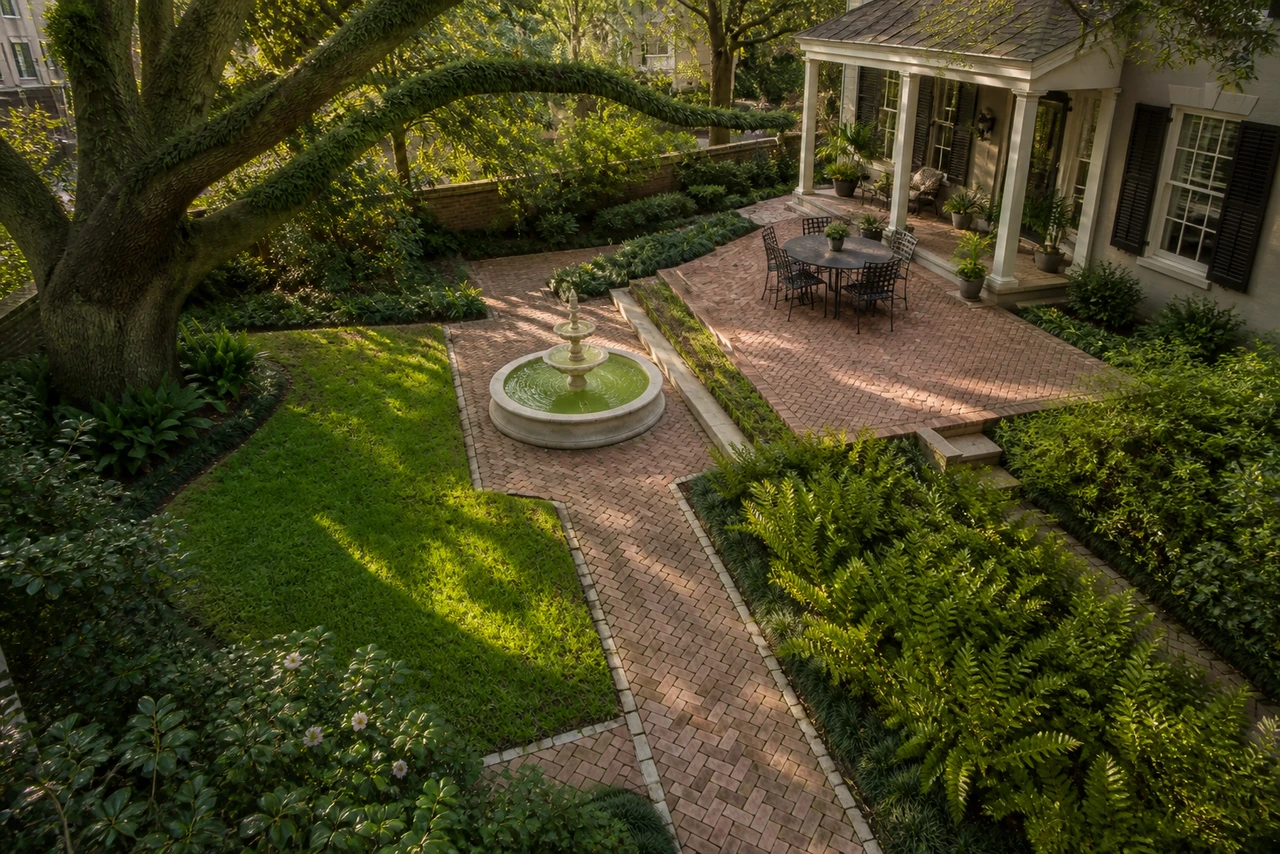 Ein Brunnenhof unter lebenden Eichen in Savannah – Designphilosophie