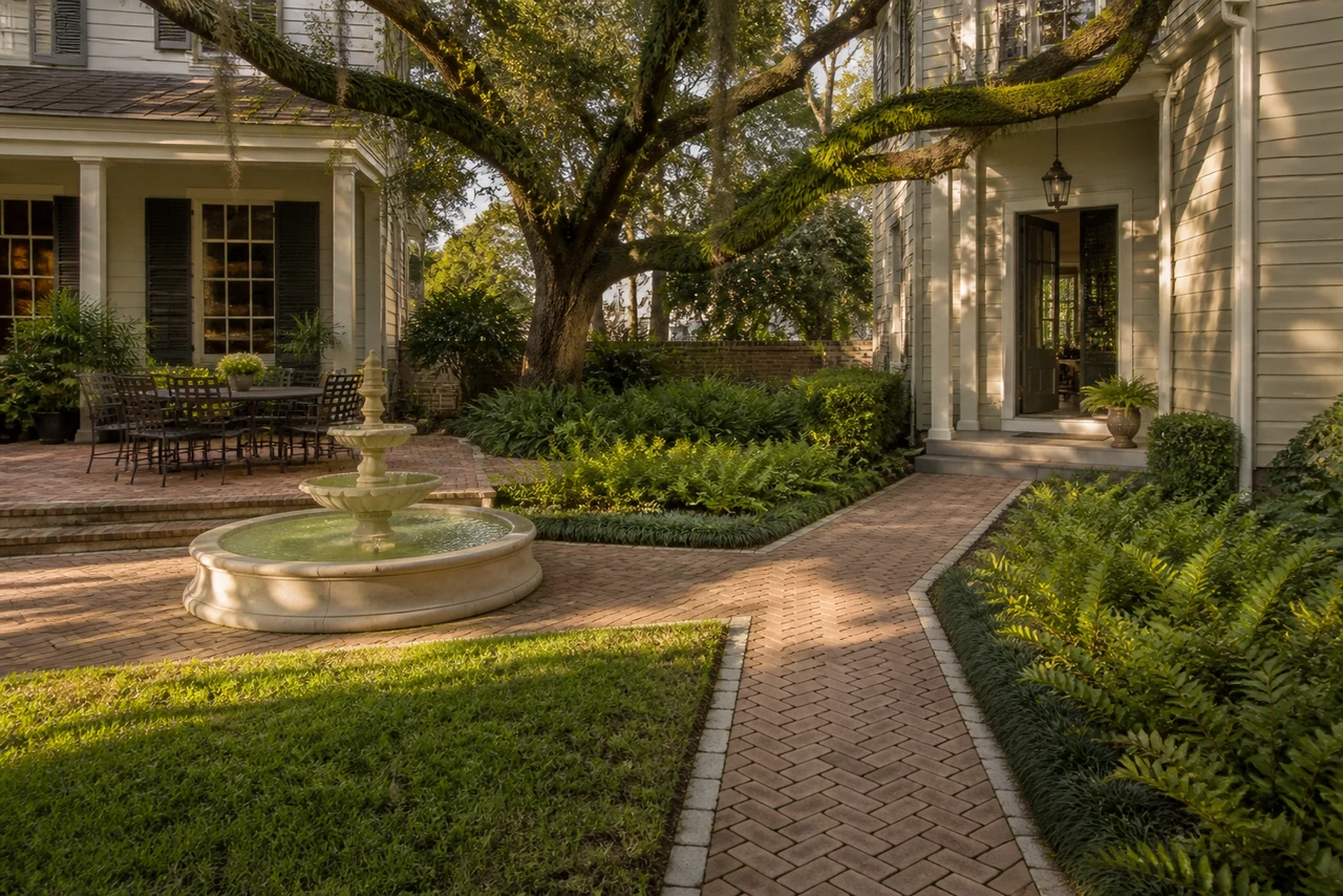 Ein Brunnenhof unter lebenden Eichen in Savannah – Outdoor-Erlebnis
