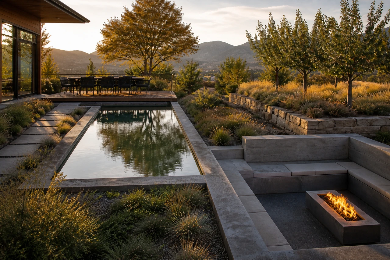 Ein Innenhof mit Bergblick für ein Zuhause in Salt Lake City – Materialien & Bepflanzung