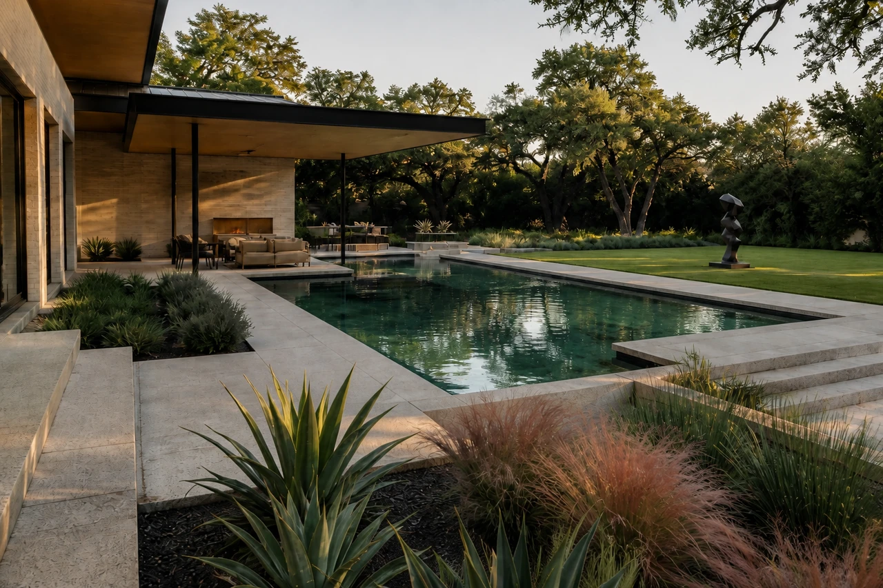 Un giardino con piscina di metà secolo per una residenza a Dallas – Materiali e piantumazione