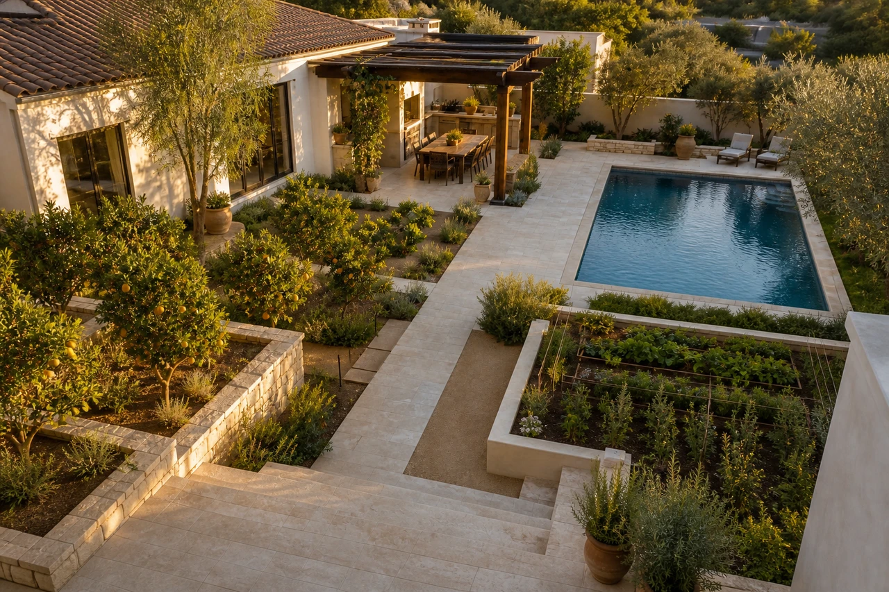 Un huerto de patio mediterráneo para una residencia en Sacramento – Filosofía de diseño