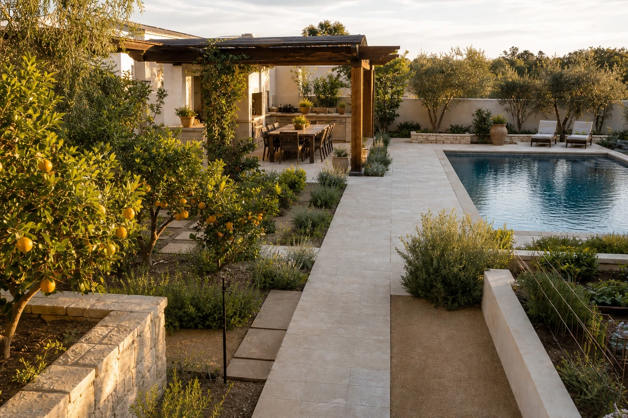 Un huerto de patio mediterráneo para una residencia en Sacramento – Materiales y plantación