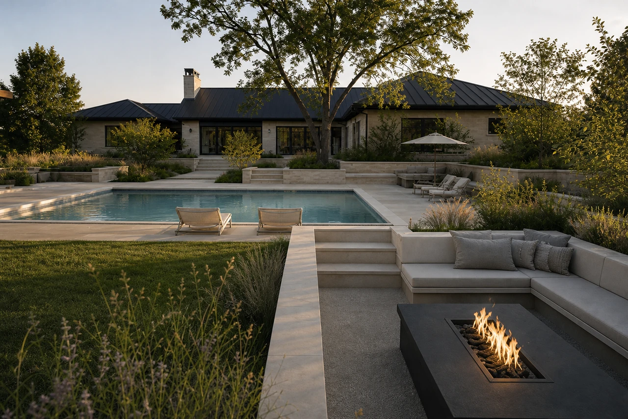 Ein Prärie-Poolhof für ein Anwesen in Omaha – Materialien & Bepflanzung