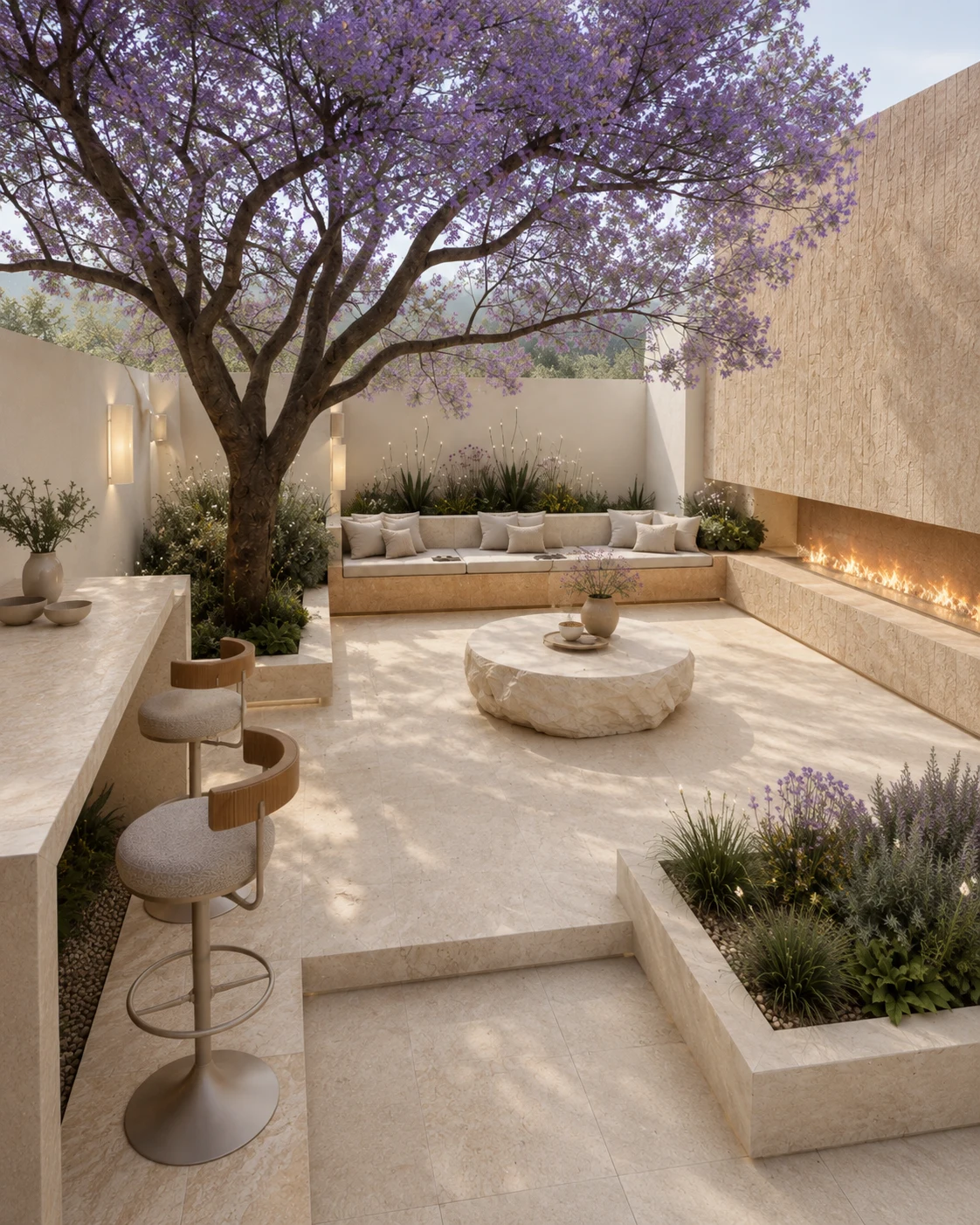 Off-white Stone Courtyard: Spatial Organization of a Sunken Living Room and Purple-Flowered Feature Tree - image 1