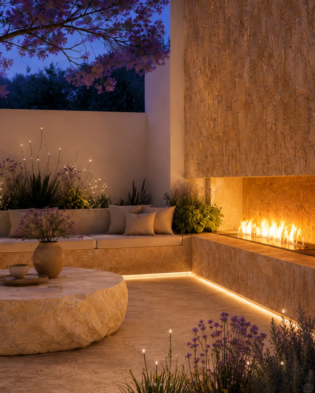 Off-white Stone Courtyard: Spatial Organization of a Sunken Living Room and Purple-Flowered Feature Tree – Project parameters