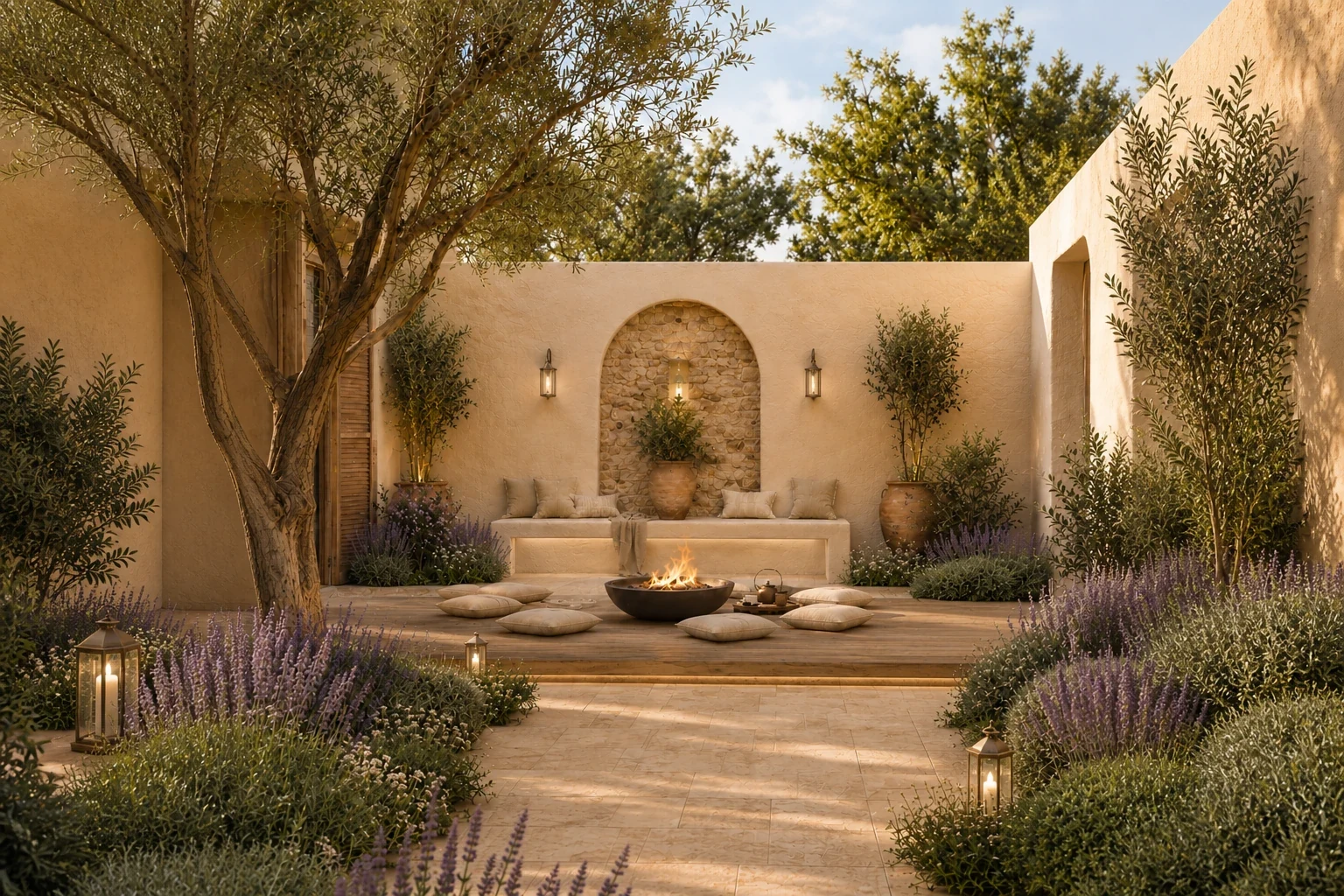 The relaxed atmosphere of the South Courtyard: olive trees, arched stone walls, and a fireside living room. - image 1