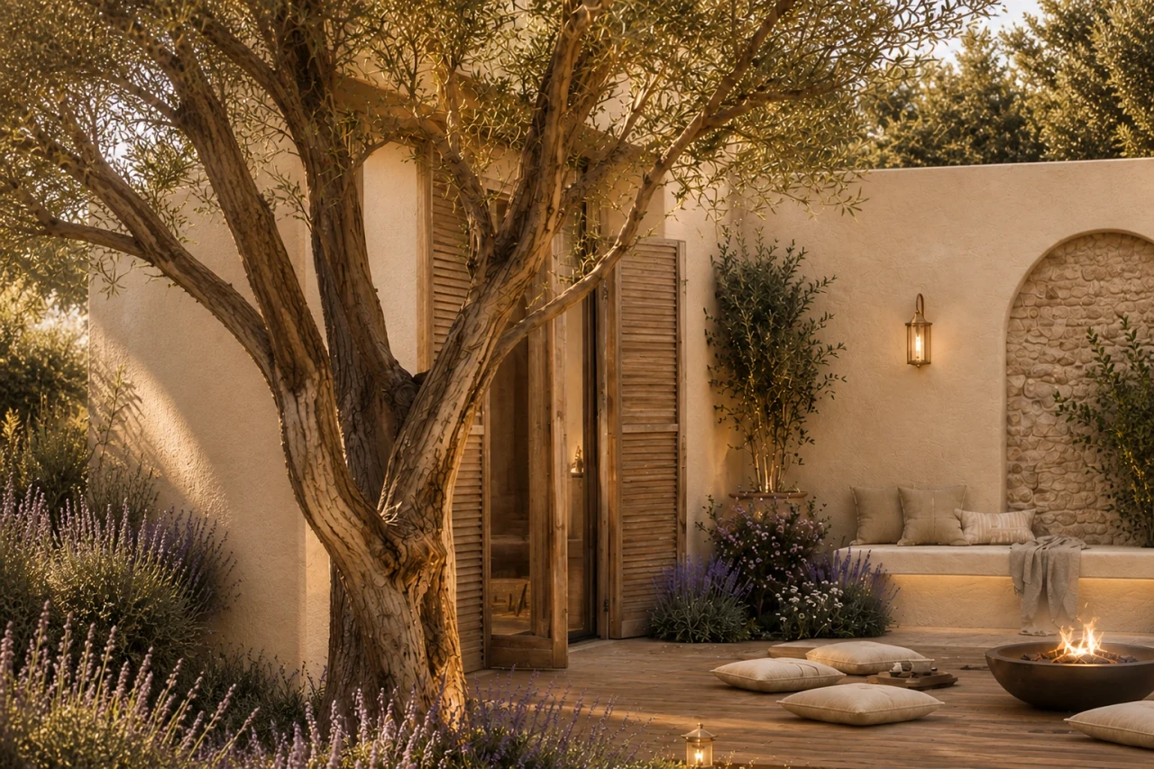 The relaxed atmosphere of the South Courtyard: olive trees, arched stone walls, and a fireside living room. – Project parameters