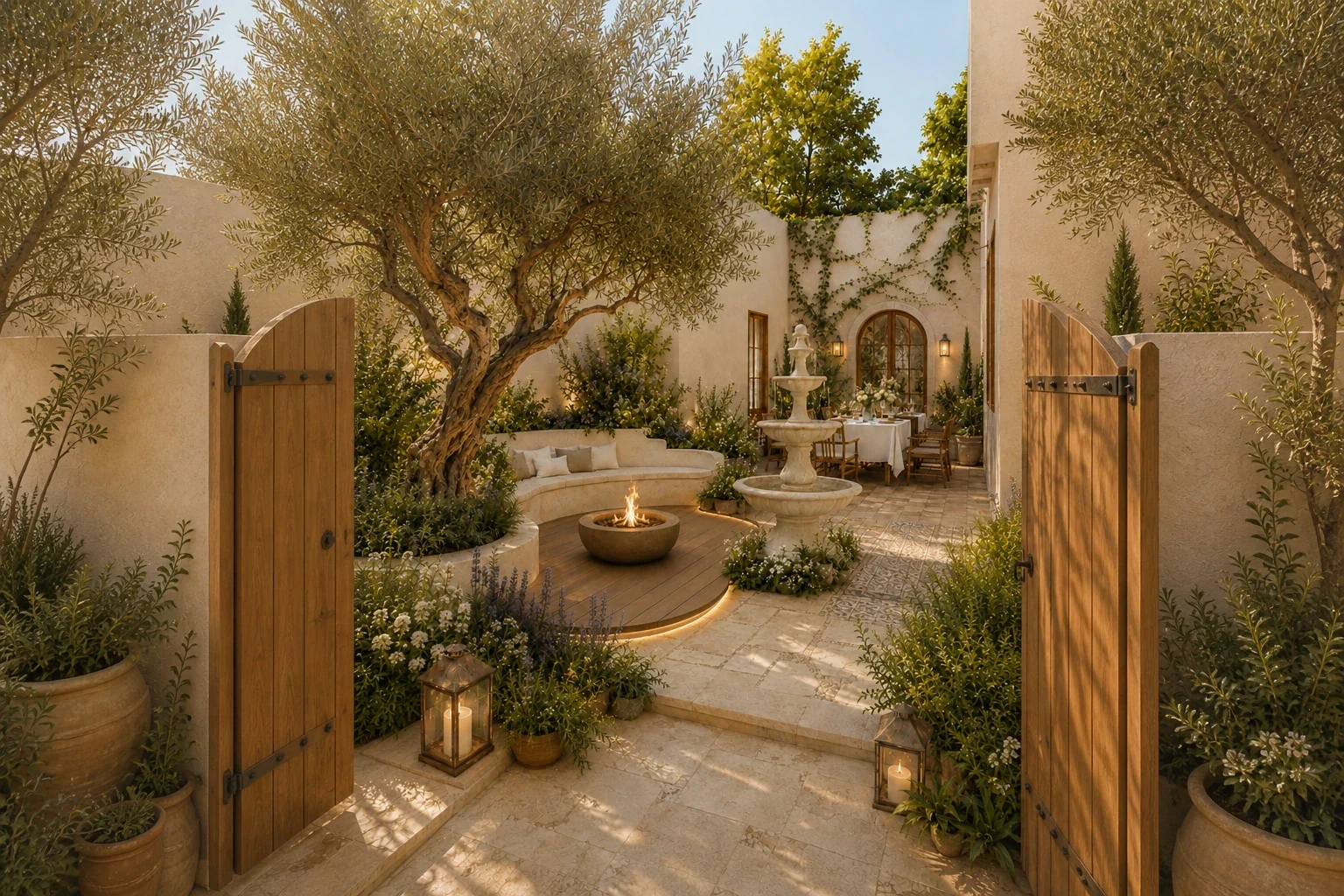Warm white walls and a timber gate frame an olive tree, stone fountain, fire lounge and outdoor dining table in a courtyard concept rendering