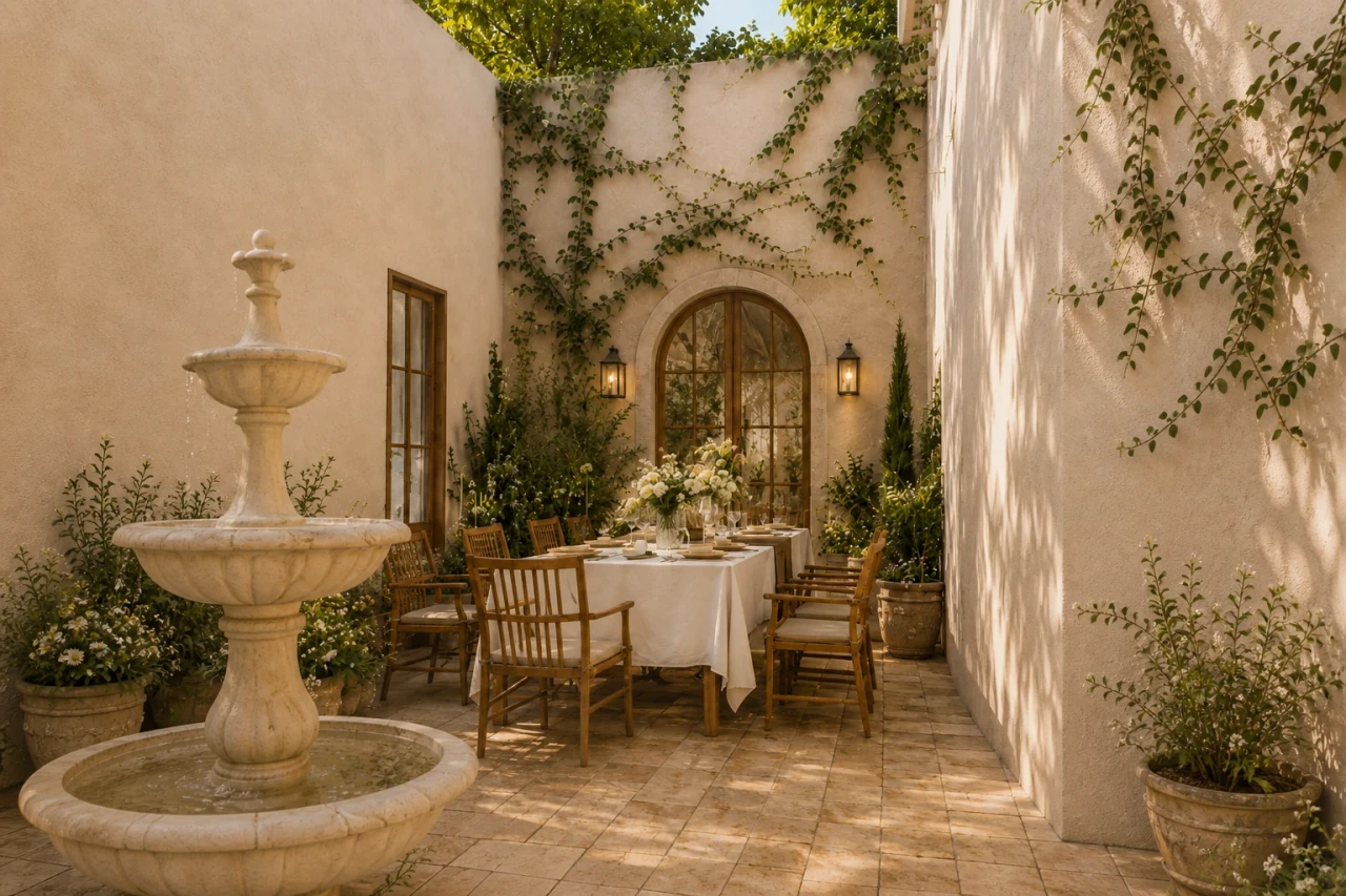 The three scenes of the Southern Courtyard: olive trees, a stone fountain, and an outdoor dining table. – Project parameters