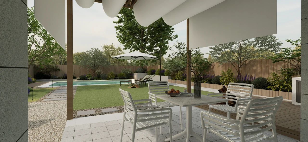 Modern Minimalist California Backyard with Pool, Pergola and Fire Pit – Design philosophy