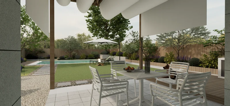 Modern Minimalist California Backyard with Pool, Pergola and Fire Pit