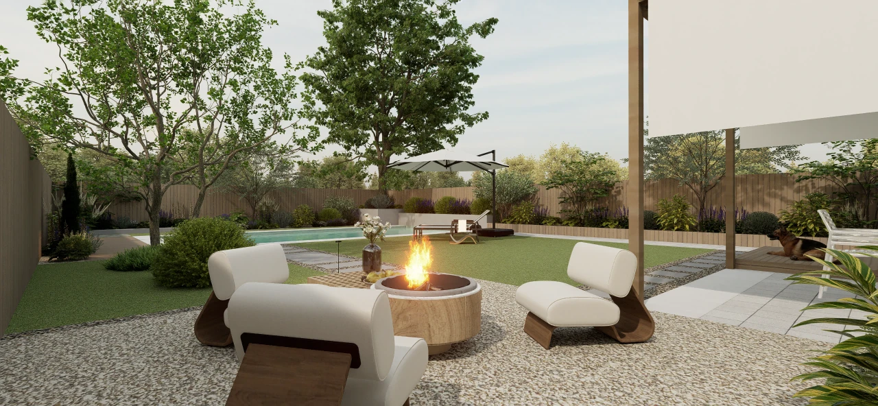 Modern Minimalist California Backyard with Pool, Pergola and Fire Pit – Materials & planting